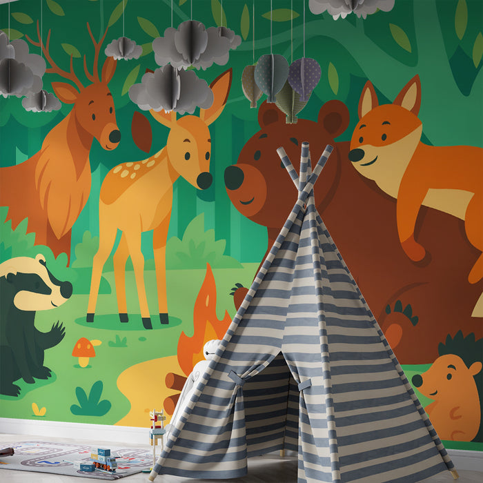 Papier peint chambre enfant | Amis de la forêt autour du feu