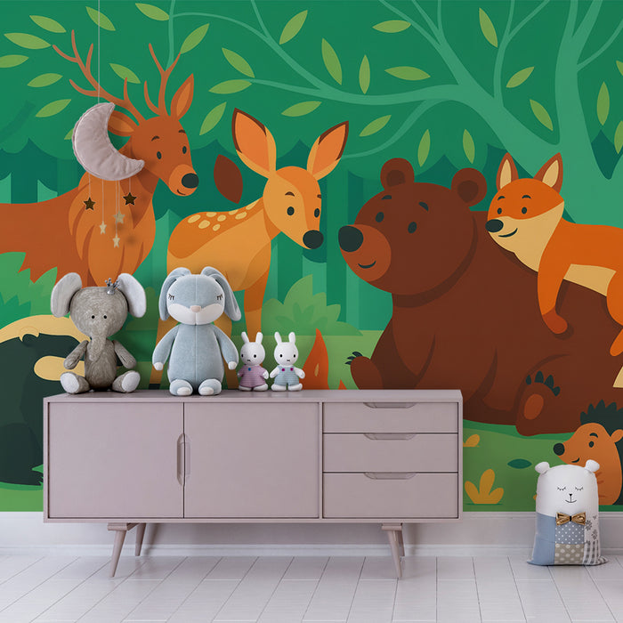 Papier peint chambre enfant | Amis de la forêt autour du feu
