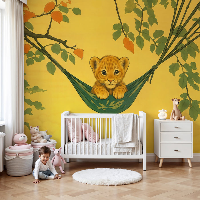 Papier peint chambre enfant | Lionceau mignon dans un hamac