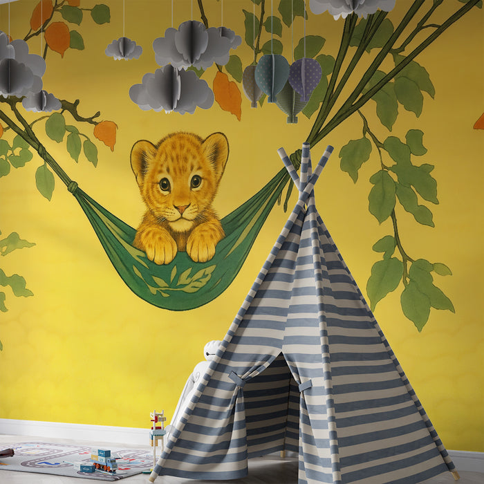Papier peint chambre enfant | Lionceau mignon dans un hamac