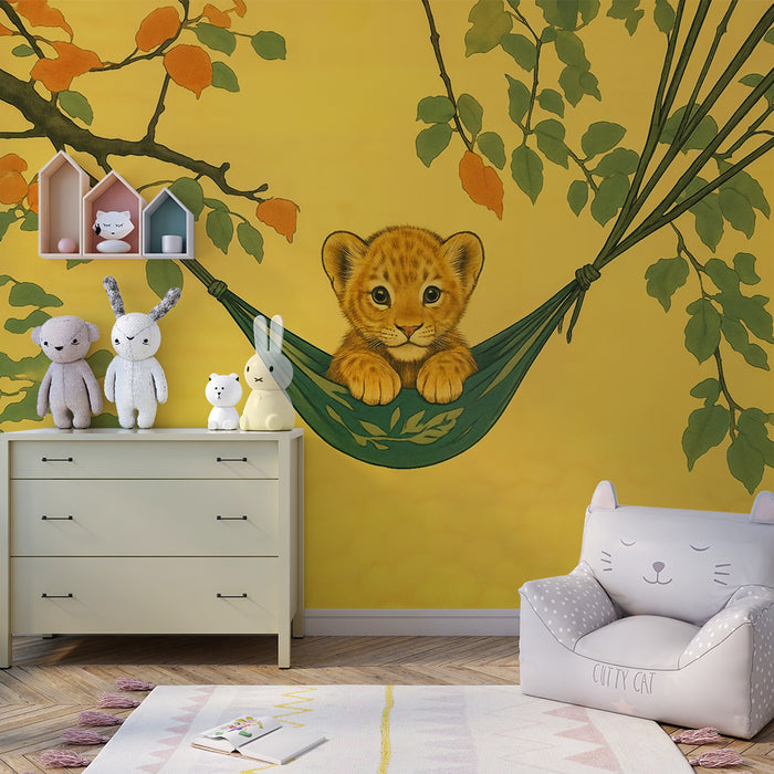 Papier peint chambre enfant | Lionceau mignon dans un hamac