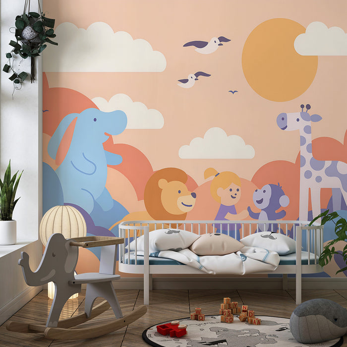 Papel de parede criança | Safari alegre em tons pastel