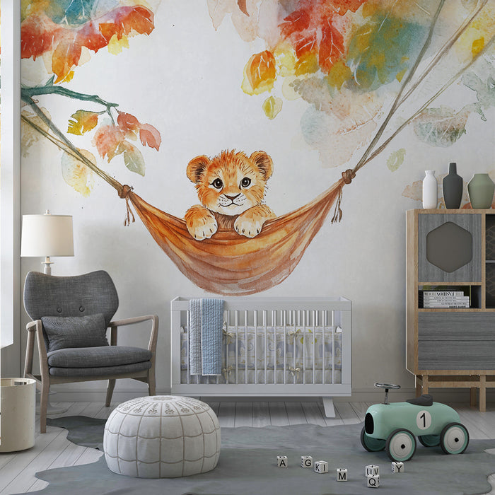 Papier peint chambre bébé | Lionceau dans un hamac de feuillage
