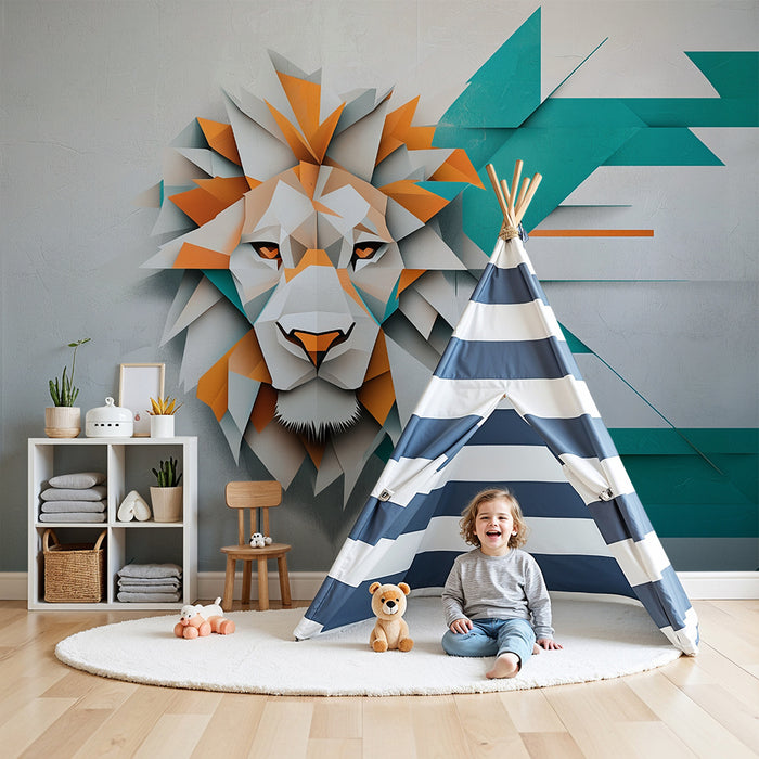 Kinderzimmer Tapete | Geometrischer Löwe und bunte Formen
