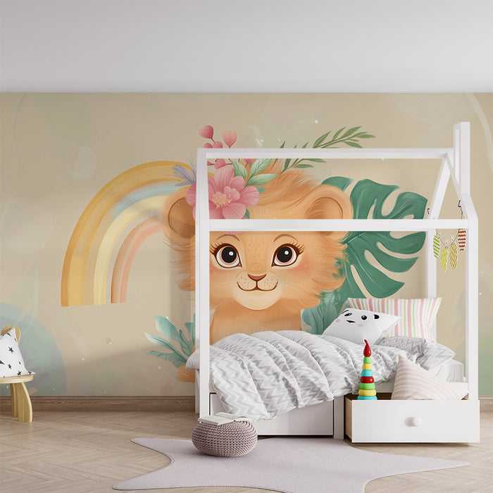 Babykamer behang | Bloeiende leeuwenwelp en pastel regenboog