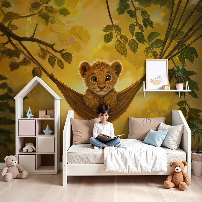 Papier peint chambre enfant | Lionceau dans hamac doré