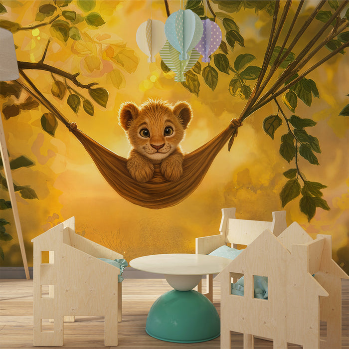 Papier peint chambre enfant | Lionceau dans hamac doré