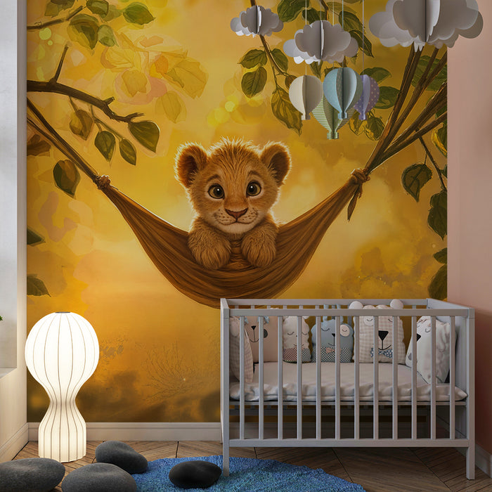 Papier peint chambre enfant | Lionceau dans hamac doré