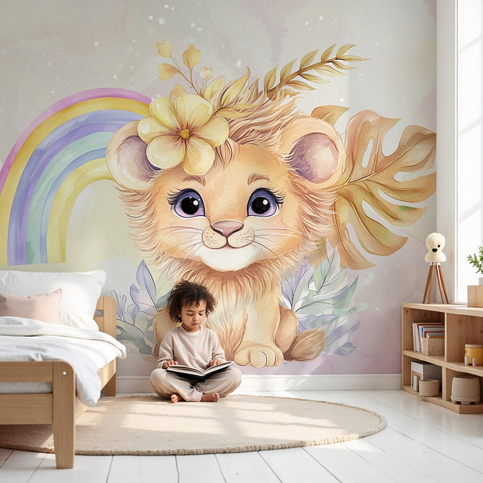 Babykamer behang | Kleine leeuwenwelp en regenboog