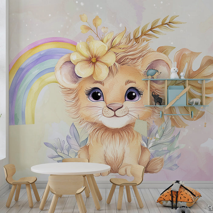 Babykamer behang | Kleine leeuwenwelp en regenboog