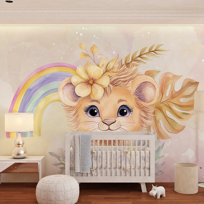 Babykamer behang | Kleine leeuwenwelp en regenboog