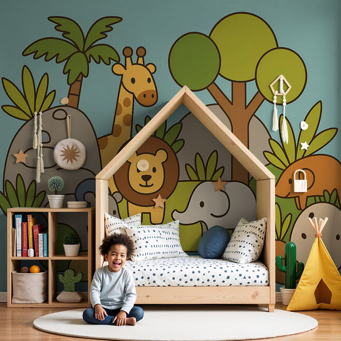 Babykamer behang | Safari van kleurrijke dieren