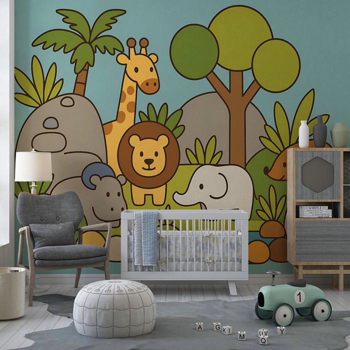 Babykamer behang | Safari van kleurrijke dieren