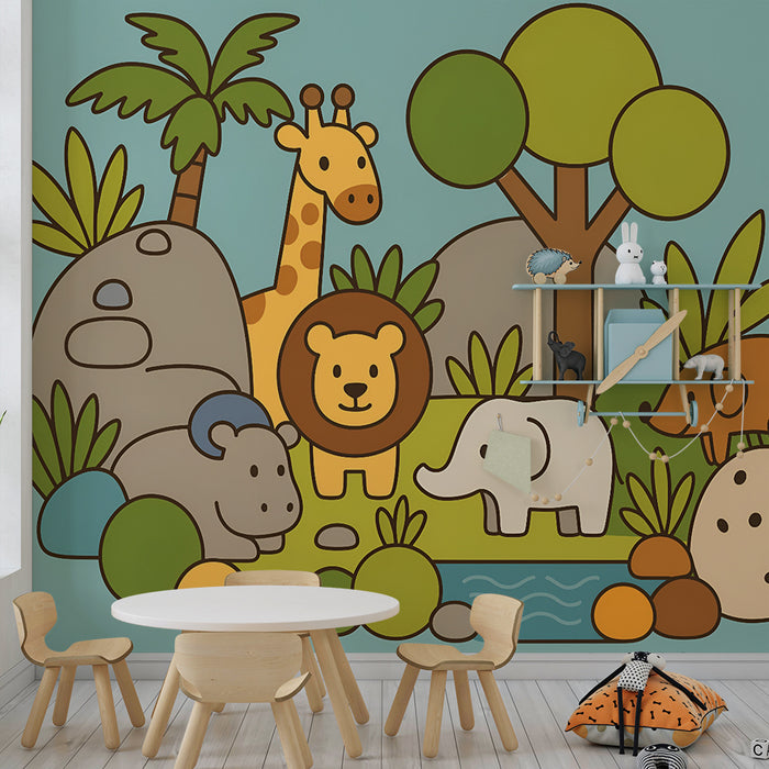 Babykamer behang | Safari van kleurrijke dieren