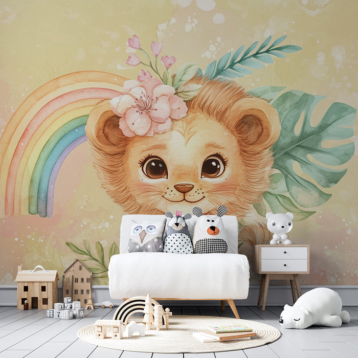 Babykamer behang | Welpje en pastel regenboog