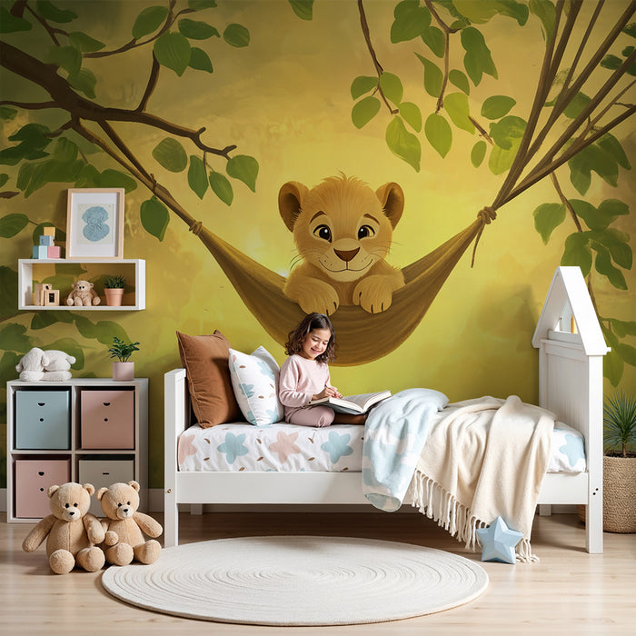 Nursery room wallpaper | Playful lion cub in a hammock