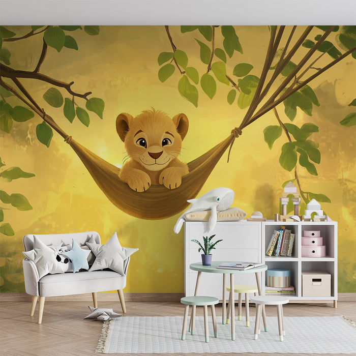 Nursery room wallpaper | Playful lion cub in a hammock