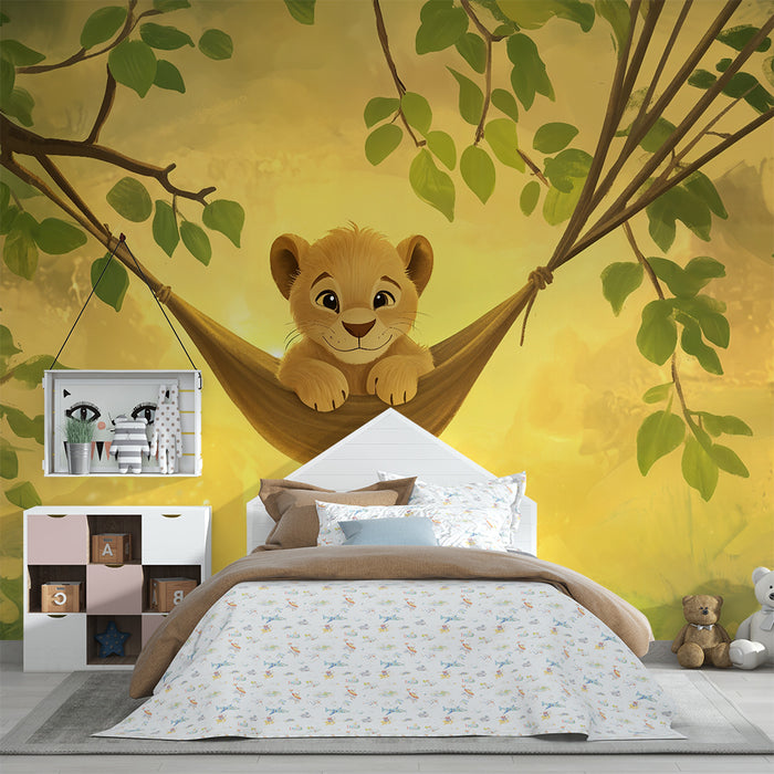 Nursery room wallpaper | Playful lion cub in a hammock
