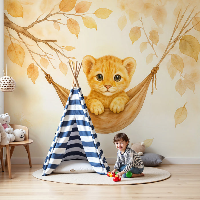 Lastenhuoneen tapetti leijonanpentu | Söpö leijonanpentu riippumatossa -kuvitus