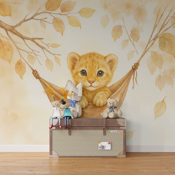 Lastenhuoneen tapetti leijonanpentu | Söpö leijonanpentu riippumatossa -kuvitus
