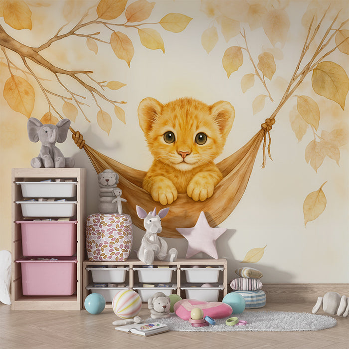 Lastenhuoneen tapetti leijonanpentu | Söpö leijonanpentu riippumatossa -kuvitus