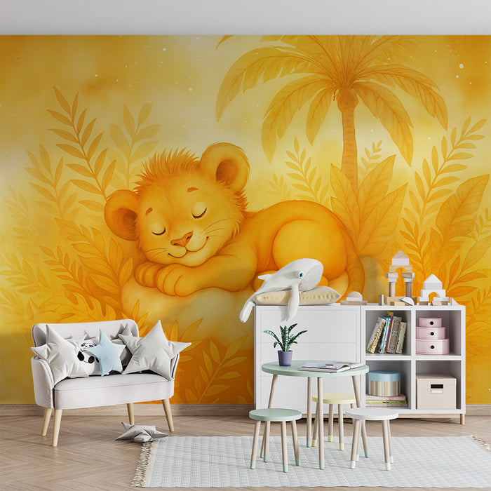 Tapeta se lvím mládětem | Dekorace dětského pokoje v žluté