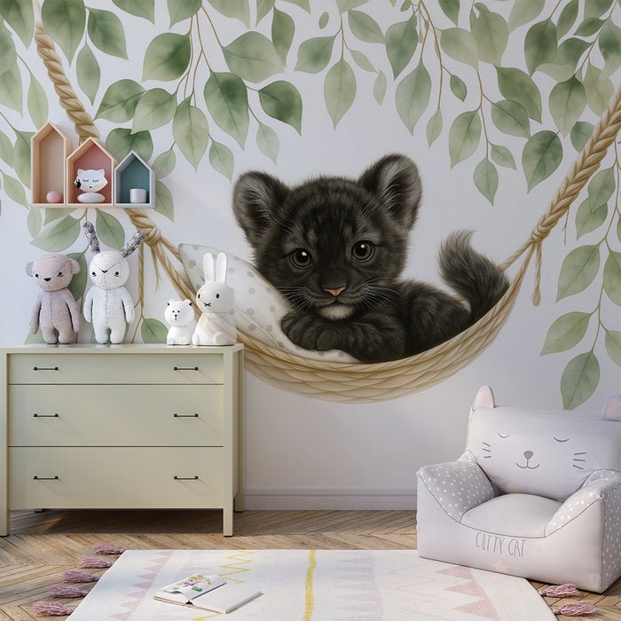 Carta da parati bambini | Piccolo leoncino in un'amaca