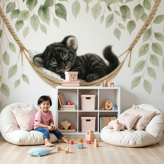Nursery room wallpaper | Sleeping kitten in a leafy hammock