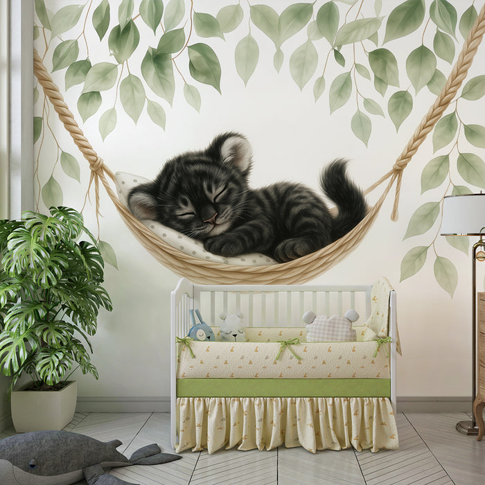 Nursery room wallpaper | Sleeping kitten in a leafy hammock