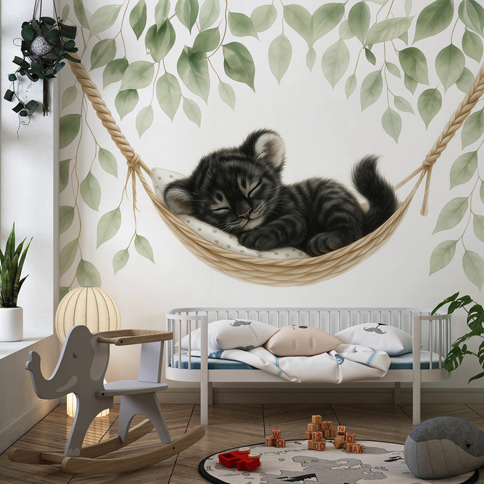 Nursery room wallpaper | Sleeping kitten in a leafy hammock