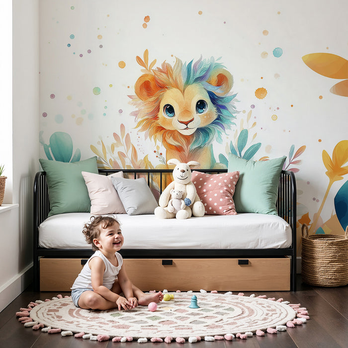 Lion cub wallpaper | Colorful and floral charm — Kids Wall