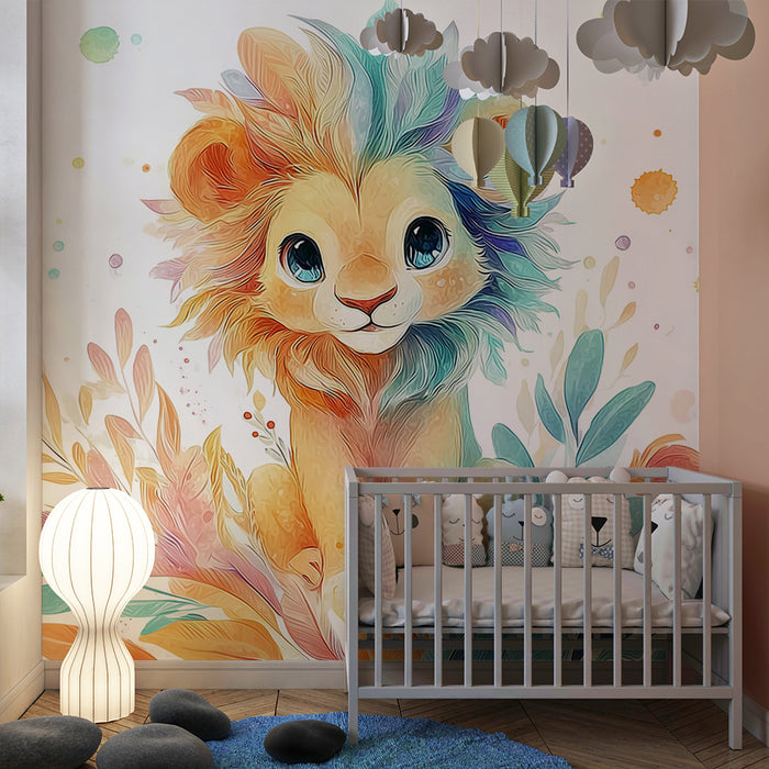 Løveunge tapet | Sødt og farverigt illustration