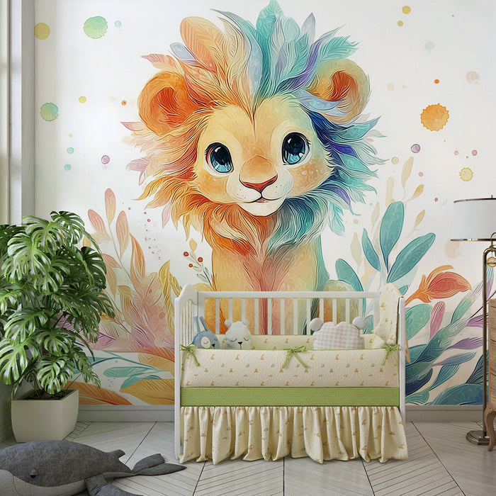 Løveunge tapet | Sødt og farverigt illustration