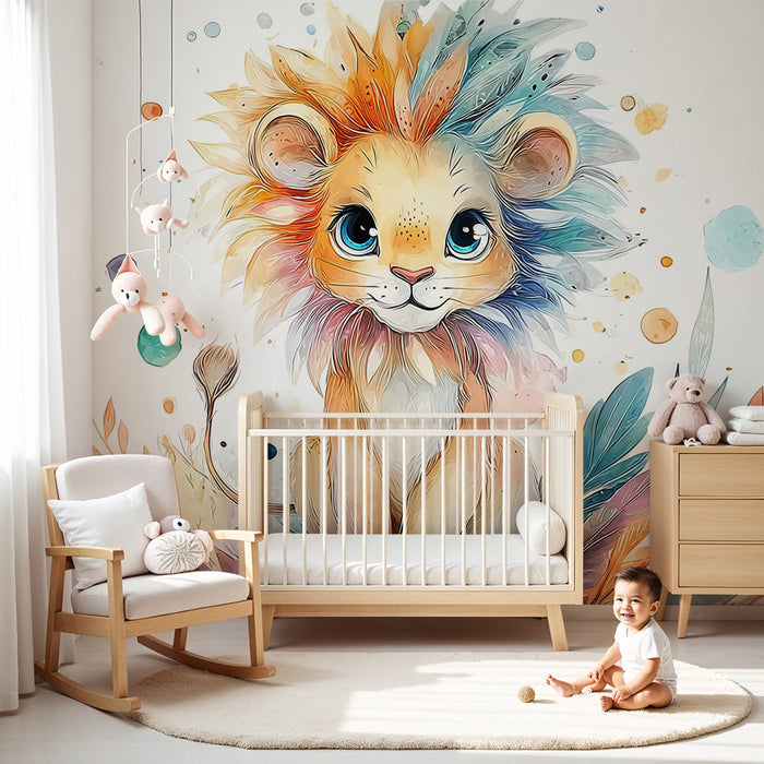 Papier peint lionceau aquarelle | Illustration colorée et artistique