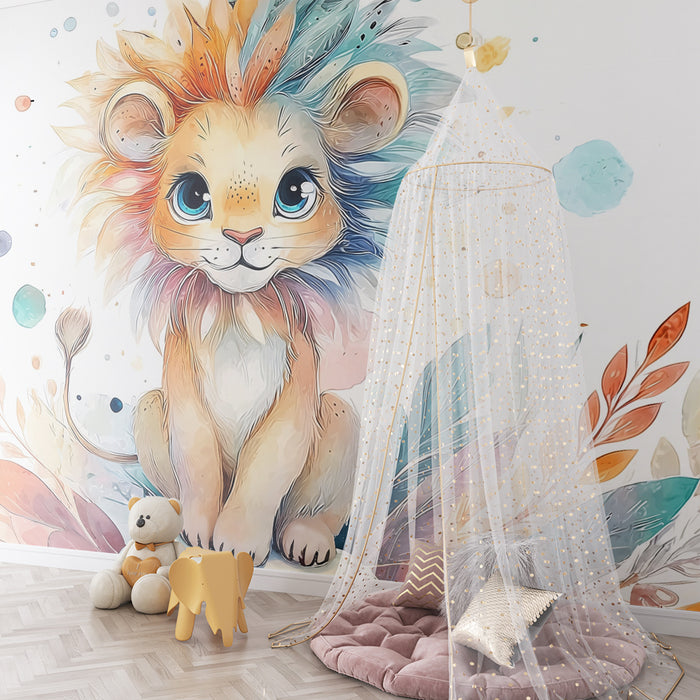 Papier peint lionceau aquarelle | Illustration colorée et artistique
