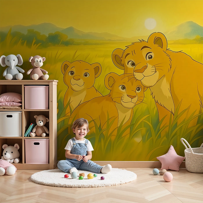 Kinderkamer behang | Knuffelende welpen bij zonsondergang