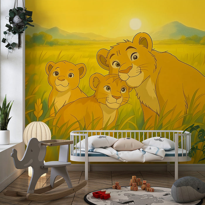 Kinderkamer behang | Knuffelende welpen bij zonsondergang