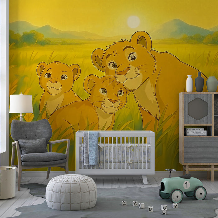 Kinderkamer behang | Knuffelende welpen bij zonsondergang