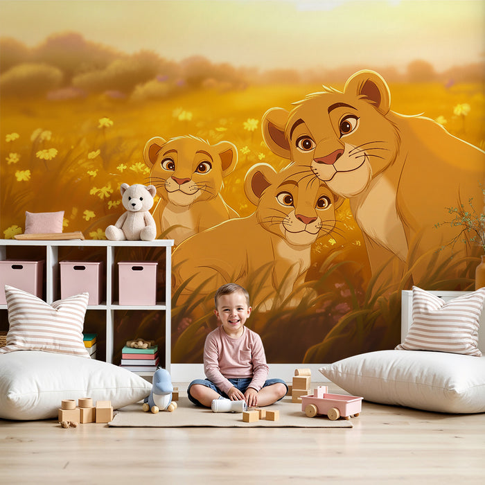 Papel de parede criança | Leõezinhos em pradaria ensolarada