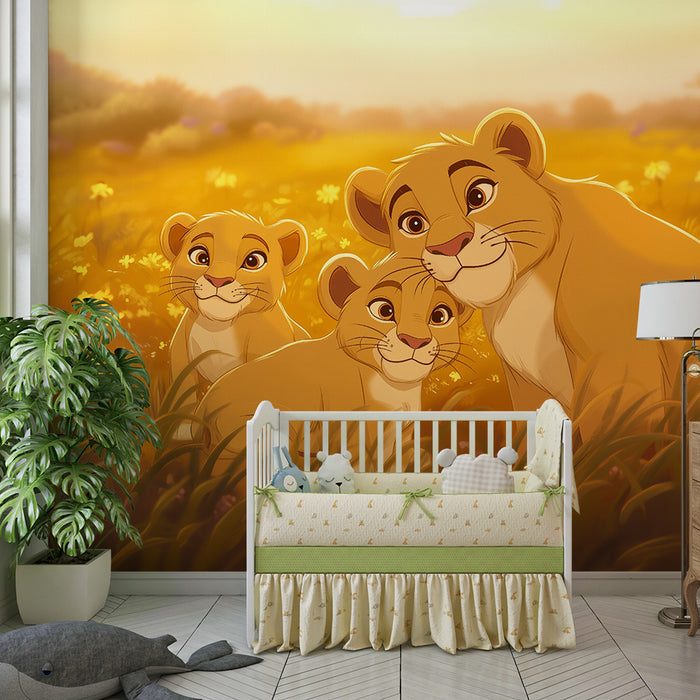 Papel de parede criança | Leõezinhos em pradaria ensolarada