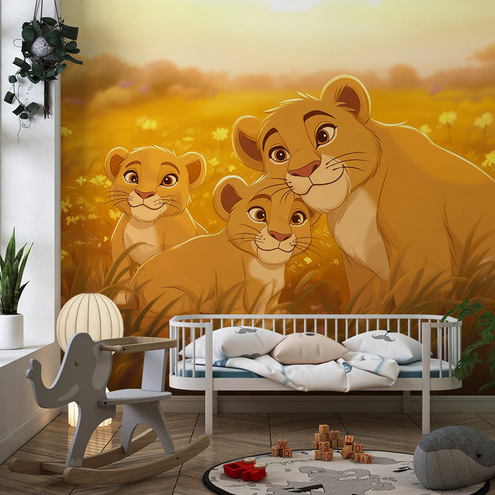 Papel de parede criança | Leõezinhos em pradaria ensolarada