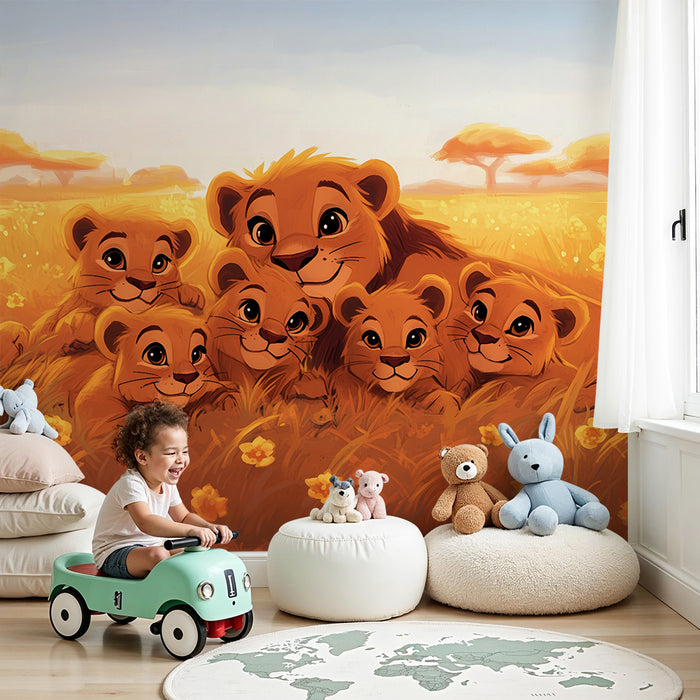 Papier peint chambre enfant | Lionceaux joyeux dans la savane