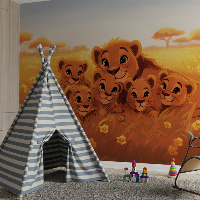 Papier peint chambre enfant | Lionceaux joyeux dans la savane