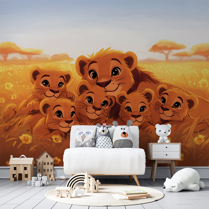 Papier peint chambre enfant | Lionceaux joyeux dans la savane