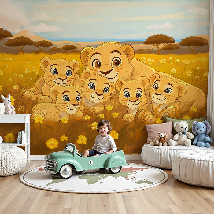 Lastenhuoneen tapetti | Leijonaperhe kultaisella savannilla