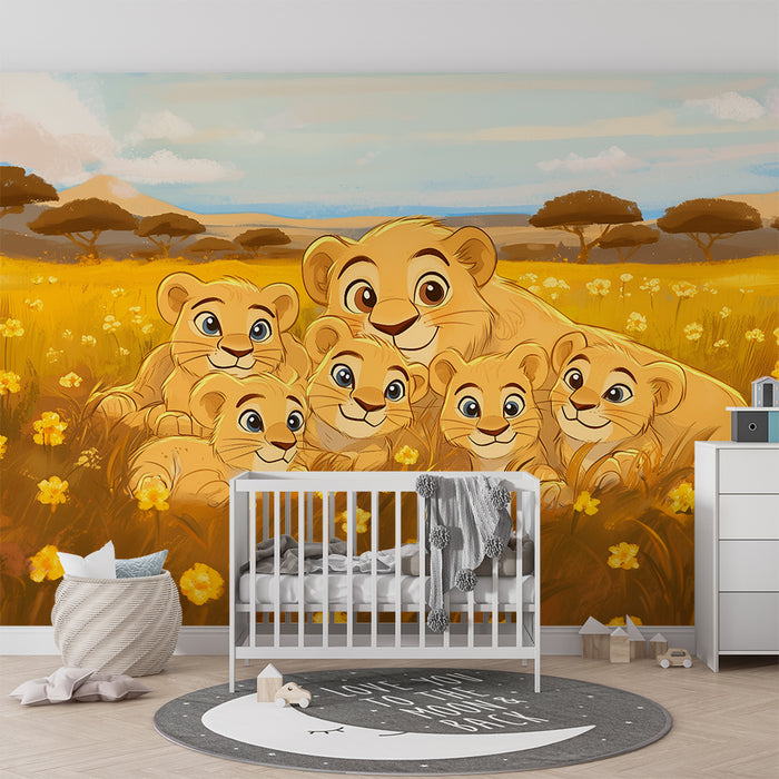 Lastenhuoneen tapetti | Leijonaperhe kultaisella savannilla