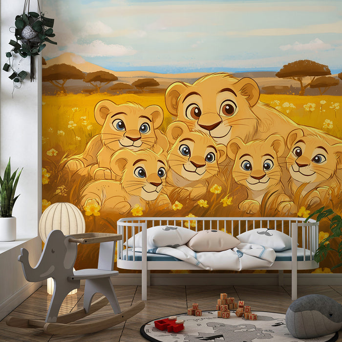 Lastenhuoneen tapetti | Leijonaperhe kultaisella savannilla