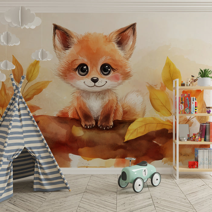 Kinderkamer behang | Speelse vos en herfstbladeren