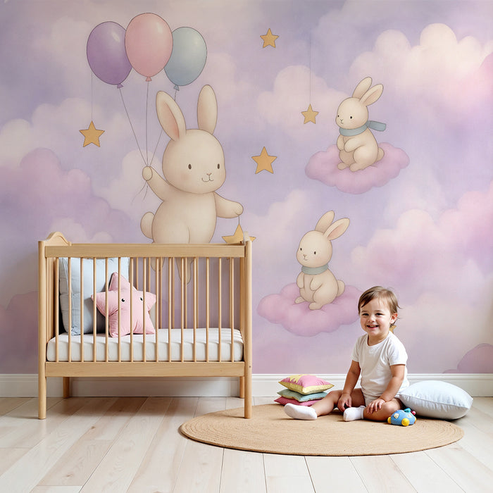 Carta da parati nuvola e coniglio | Design dolce e sognante