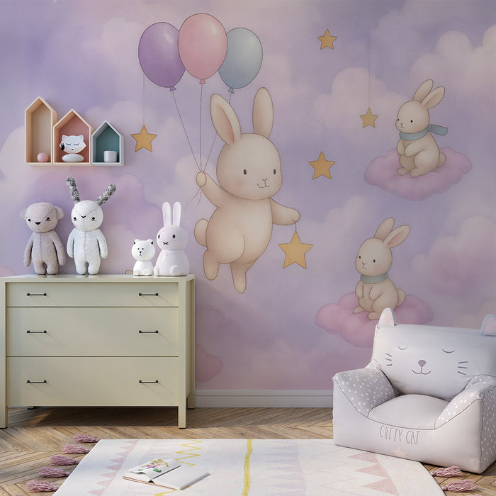 Carta da parati nuvola e coniglio | Design dolce e sognante